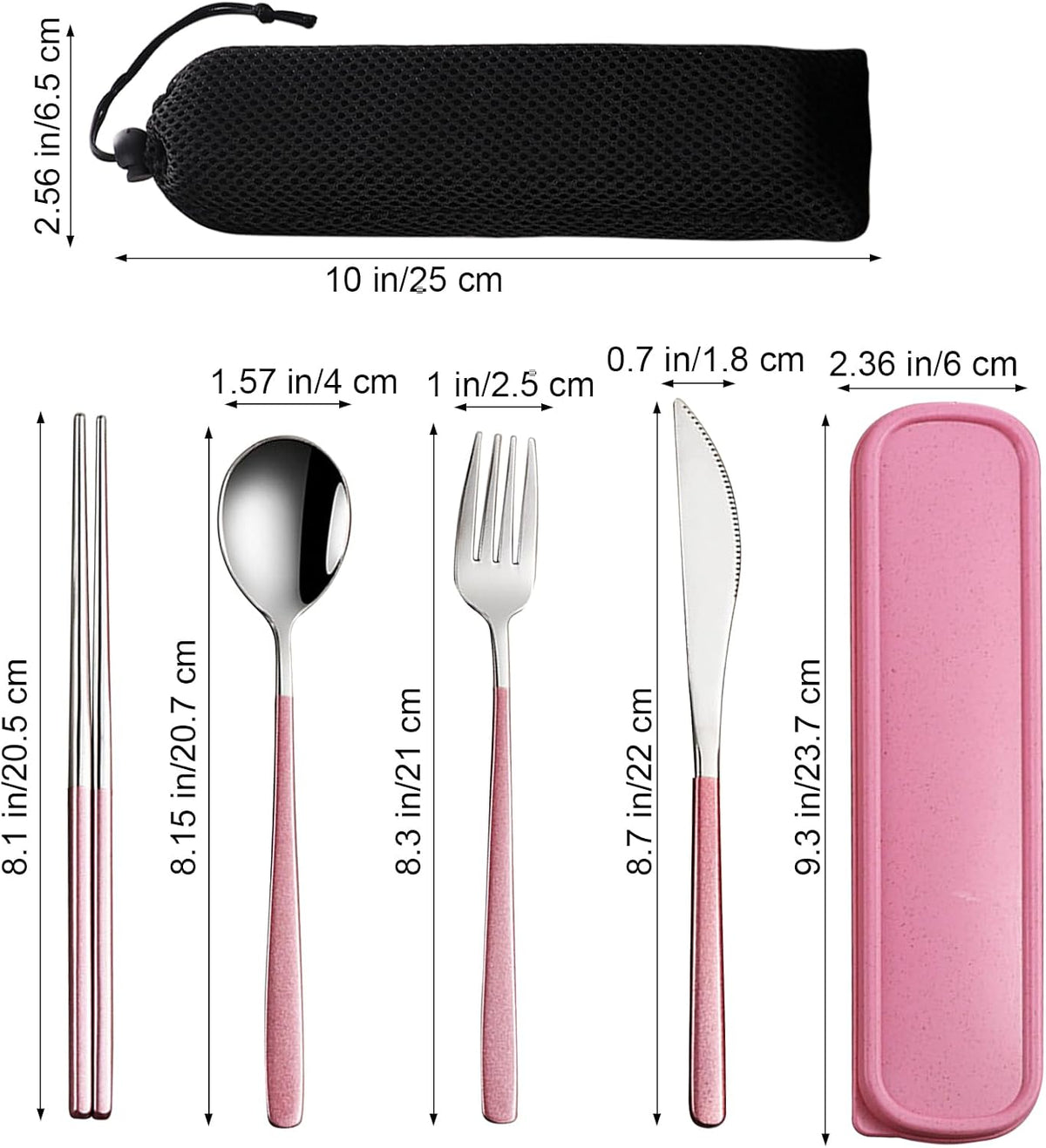 4-Piece Portable Travel Utensils Set with Case 18/8 Stainless Steel Flatware Set Reusable Cutlery Set with Fork Spoon Knife Chopstick for Lunch Travel Camping School Work Picnic (Pink)