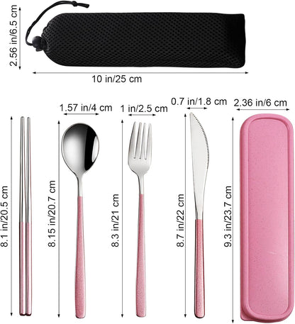 4-Piece Portable Travel Utensils Set with Case 18/8 Stainless Steel Flatware Set Reusable Cutlery Set with Fork Spoon Knife Chopstick for Lunch Travel Camping School Work Picnic (Pink)
