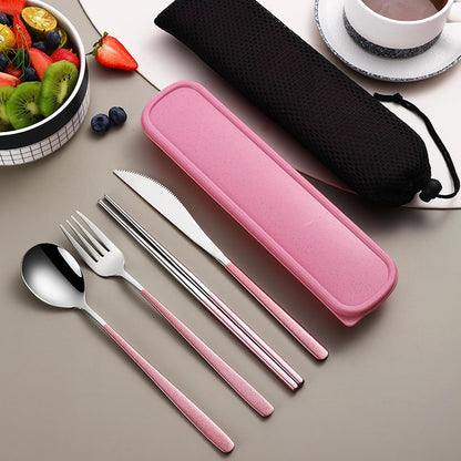 4-Piece Portable Travel Utensils Set with Case 18/8 Stainless Steel Flatware Set Reusable Cutlery Set with Fork Spoon Knife Chopstick for Lunch Travel Camping School Work Picnic (Pink)