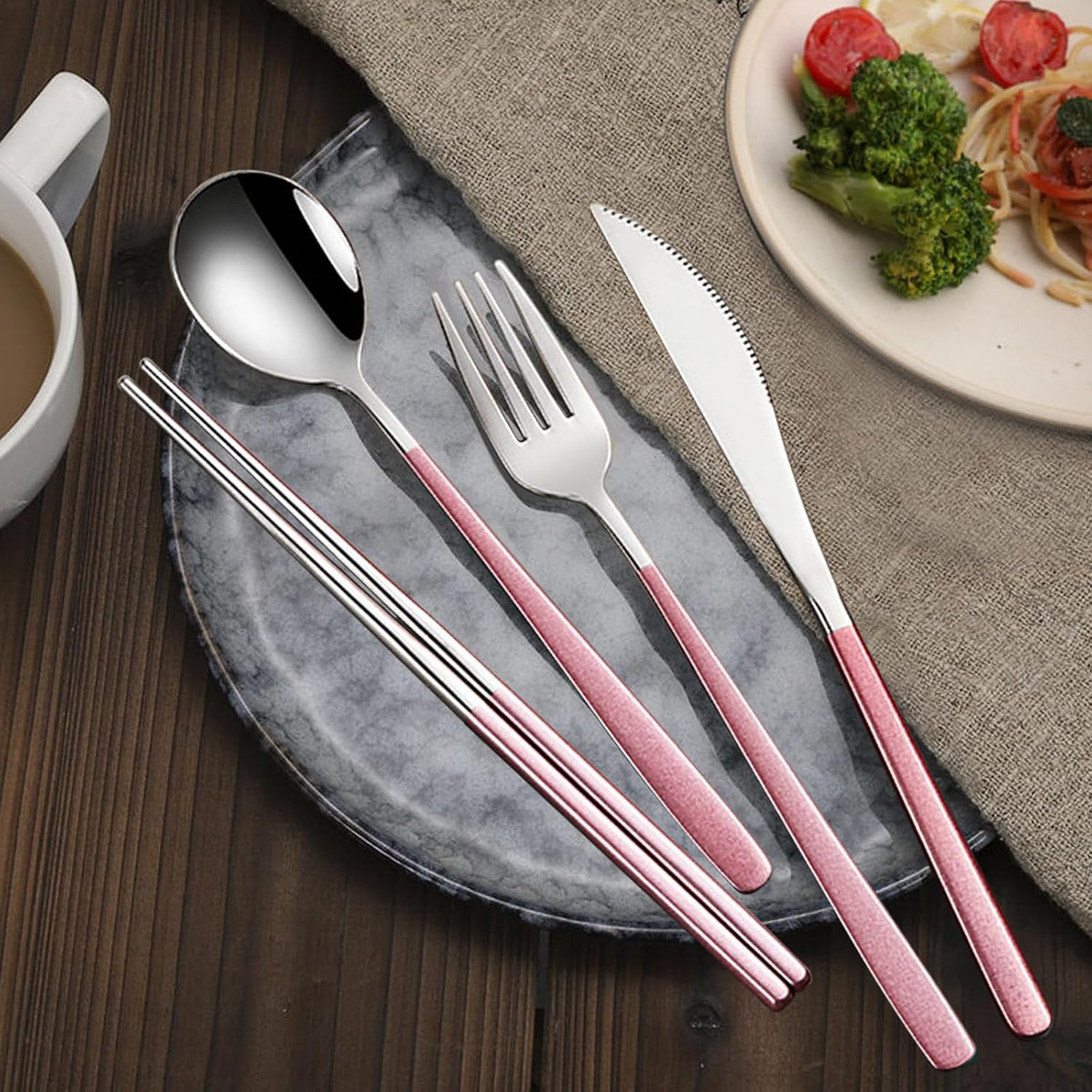 4-Piece Portable Travel Utensils Set with Case 18/8 Stainless Steel Flatware Set Reusable Cutlery Set with Fork Spoon Knife Chopstick for Lunch Travel Camping School Work Picnic (Pink)
