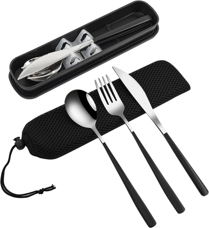 4-Piece Portable Travel Utensils Set with Case 18/8 Stainless Steel Flatware Set Reusable Cutlery Set with Fork Spoon Knife Chopstick for Lunch Travel Camping School Work Picnic (Pink)