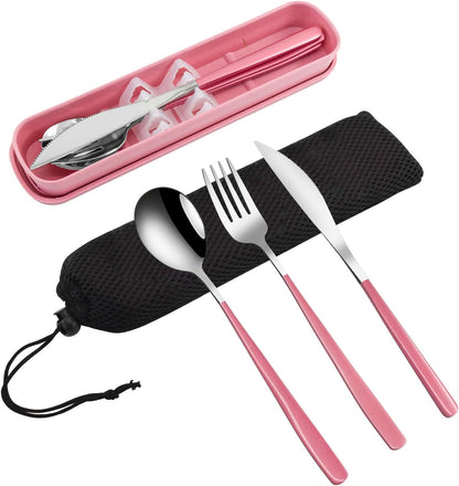 4-Piece Portable Travel Utensils Set with Case 18/8 Stainless Steel Flatware Set Reusable Cutlery Set with Fork Spoon Knife Chopstick for Lunch Travel Camping School Work Picnic (Pink)