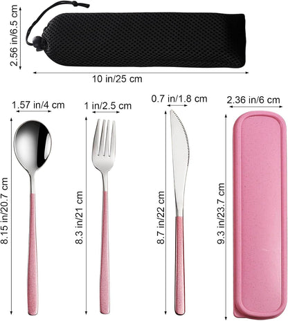 4-Piece Portable Travel Utensils Set with Case 18/8 Stainless Steel Flatware Set Reusable Cutlery Set with Fork Spoon Knife Chopstick for Lunch Travel Camping School Work Picnic (Pink)