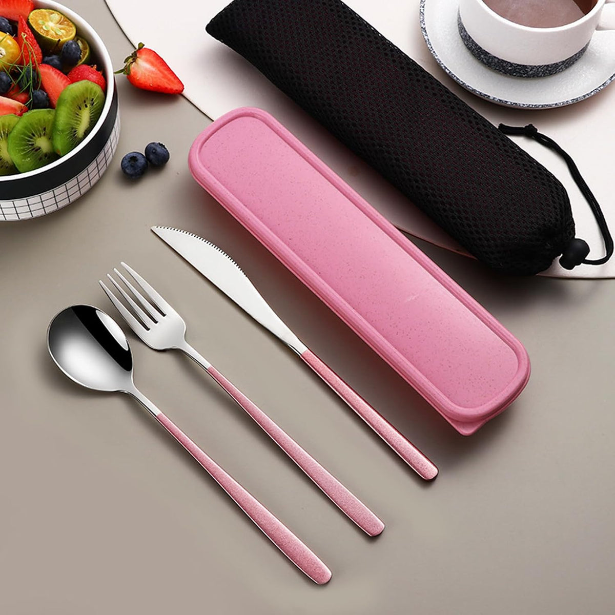 4-Piece Portable Travel Utensils Set with Case 18/8 Stainless Steel Flatware Set Reusable Cutlery Set with Fork Spoon Knife Chopstick for Lunch Travel Camping School Work Picnic (Pink)