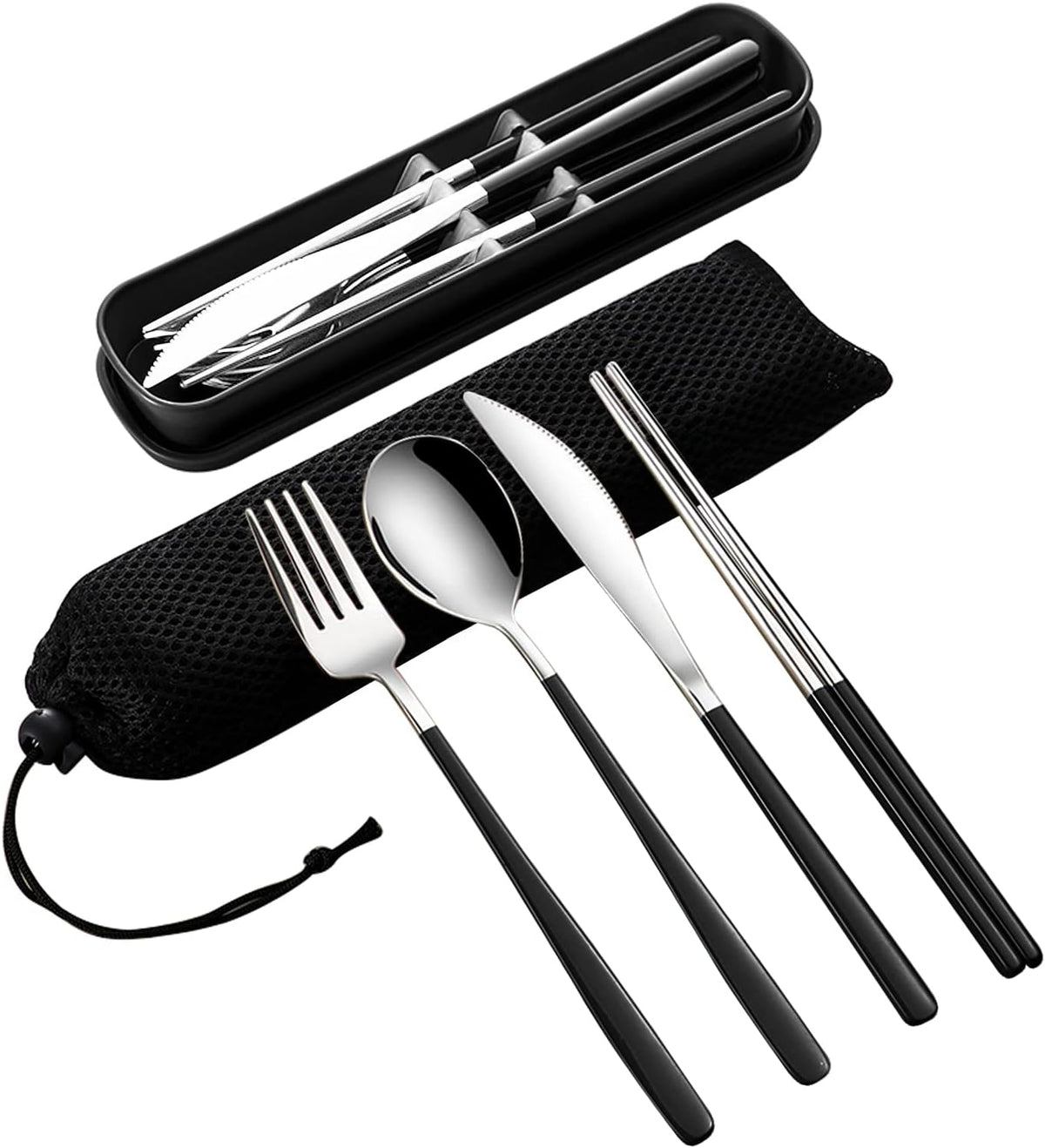 4-Piece Portable Travel Utensils Set with Case 18/8 Stainless Steel Flatware Set Reusable Cutlery Set with Fork Spoon Knife Chopstick for Lunch Travel Camping School Work Picnic (Pink)