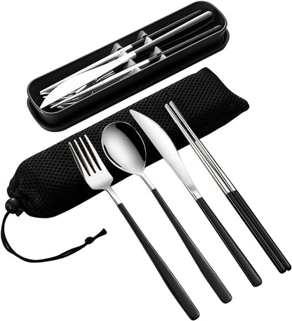 4-Piece Portable Travel Utensils Set with Case 18/8 Stainless Steel Flatware Set Reusable Cutlery Set with Fork Spoon Knife Chopstick for Lunch Travel Camping School Work Picnic (Pink)