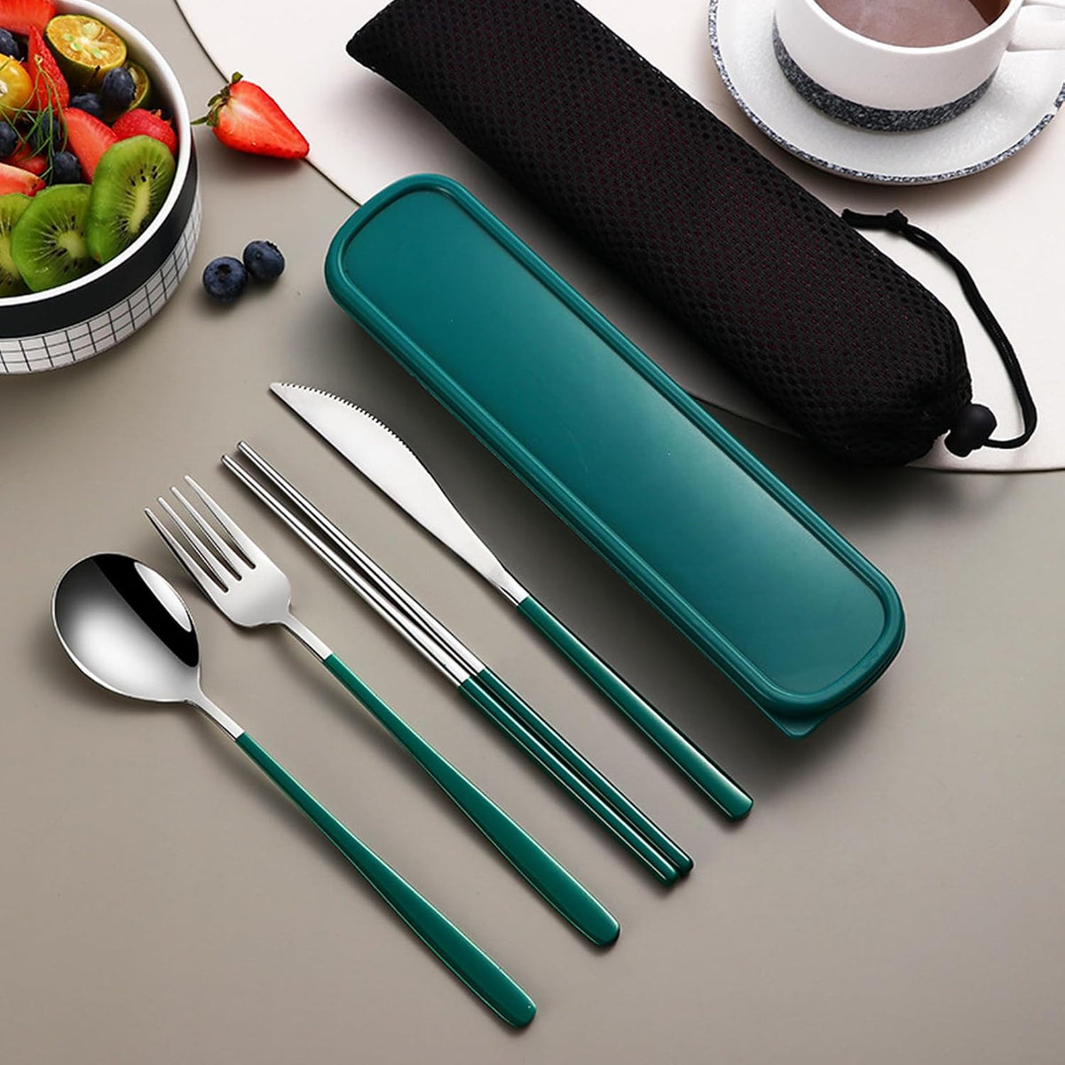 4-Piece Portable Travel Utensils Set with Case 18/8 Stainless Steel Flatware Set Reusable Cutlery Set with Fork Spoon Knife Chopstick for Lunch Travel Camping School Work Picnic (Pink)