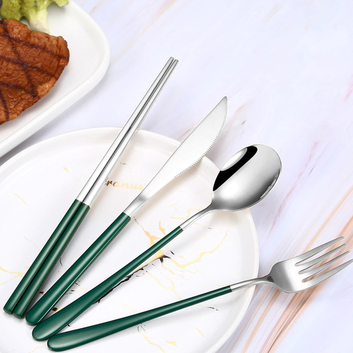 4-Piece Portable Travel Utensils Set with Case 18/8 Stainless Steel Flatware Set Reusable Cutlery Set with Fork Spoon Knife Chopstick for Lunch Travel Camping School Work Picnic (Pink)