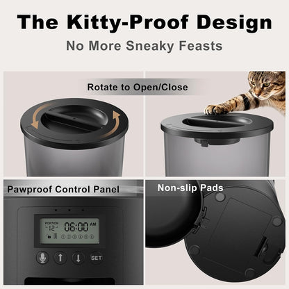 Automated Cat Feeder,Clear 4.2L Dry Food Dispenser with Single Bowl,Programmable Timed Pet Feeder for Up to 6 Daily Meals,10-Second Voice Message & Dual Power Backup (Black, 4.2L Press Version)