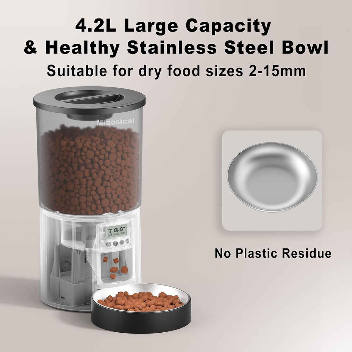 Automated Cat Feeder,Clear 4.2L Dry Food Dispenser with Single Bowl,Programmable Timed Pet Feeder for Up to 6 Daily Meals,10-Second Voice Message & Dual Power Backup (Black, 4.2L Press Version)