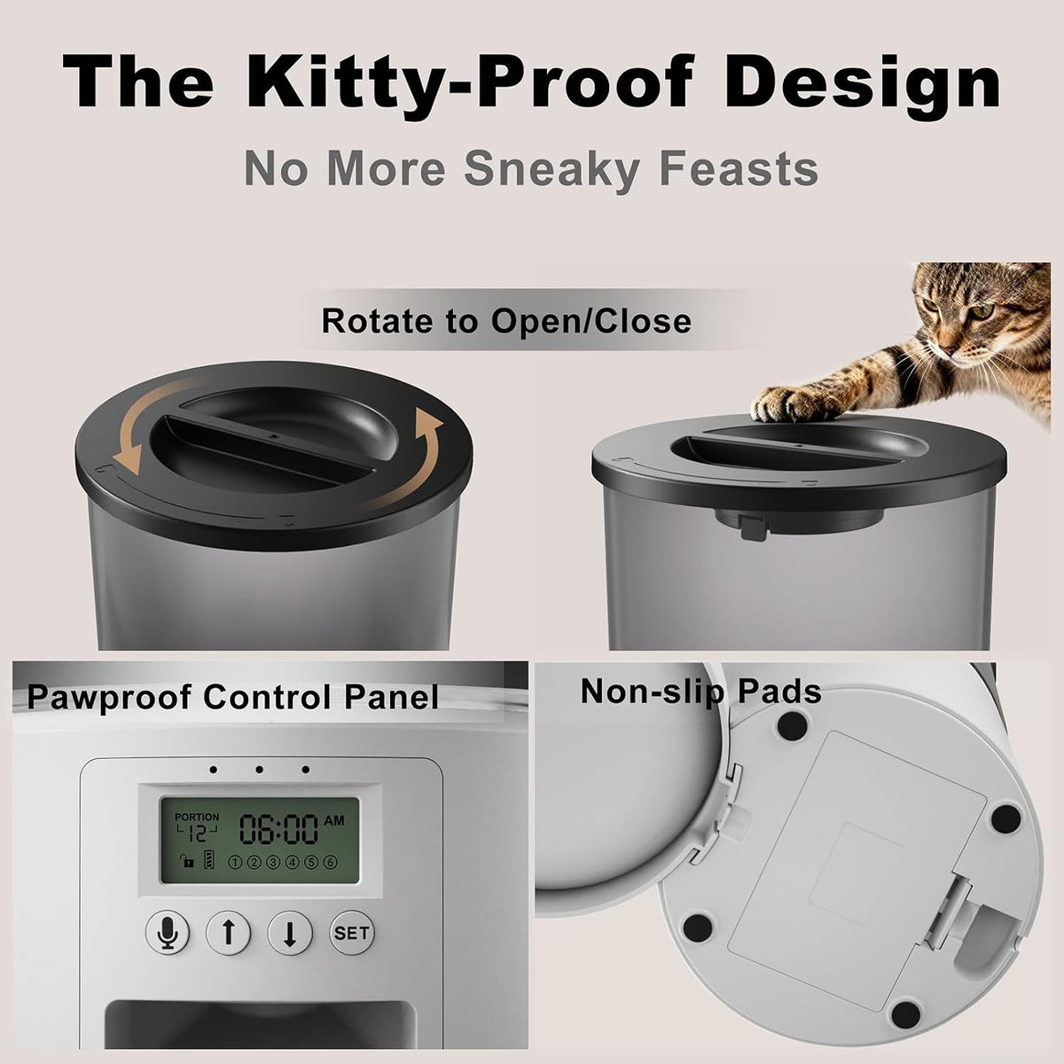 Automated Cat Feeder,Clear 4.2L Dry Food Dispenser with Single Bowl,Programmable Timed Pet Feeder for Up to 6 Daily Meals,10-Second Voice Message & Dual Power Backup (Black, 4.2L Press Version)