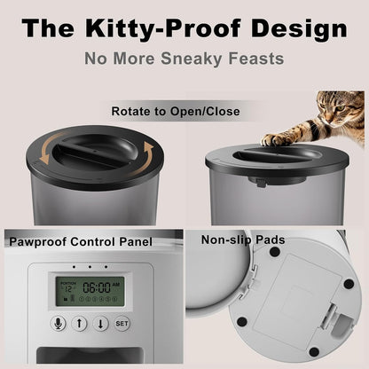 Automated Cat Feeder,Clear 4.2L Dry Food Dispenser with Single Bowl,Programmable Timed Pet Feeder for Up to 6 Daily Meals,10-Second Voice Message & Dual Power Backup (Black, 4.2L Press Version)