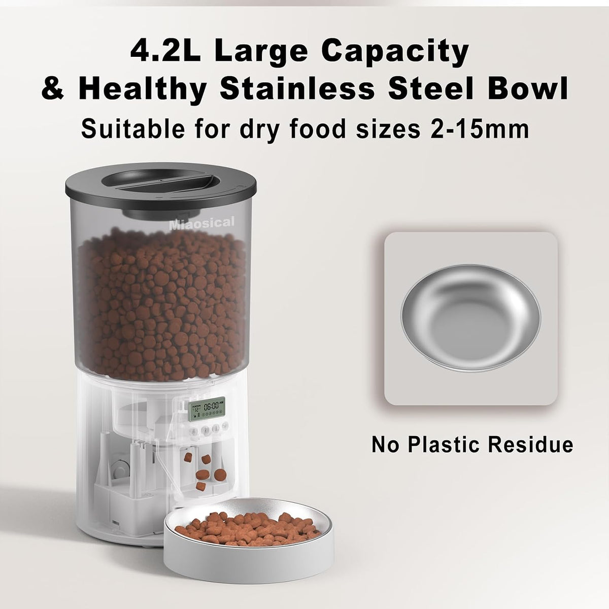 Automated Cat Feeder,Clear 4.2L Dry Food Dispenser with Single Bowl,Programmable Timed Pet Feeder for Up to 6 Daily Meals,10-Second Voice Message & Dual Power Backup (Black, 4.2L Press Version)