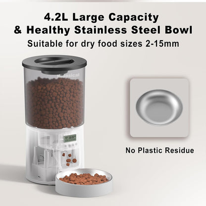 Automated Cat Feeder,Clear 4.2L Dry Food Dispenser with Single Bowl,Programmable Timed Pet Feeder for Up to 6 Daily Meals,10-Second Voice Message & Dual Power Backup (Black, 4.2L Press Version)