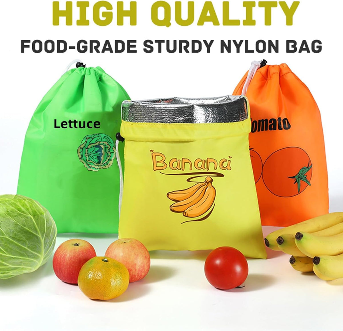 3Pcs Storage Bag with Aluminum Lining - 13.7x11", Banana & Lettuce Fresh Reusable Produce Bags Vegetable & Fruit Storage Bags with Foil Lining for Freshness, Refrigerator Safe.