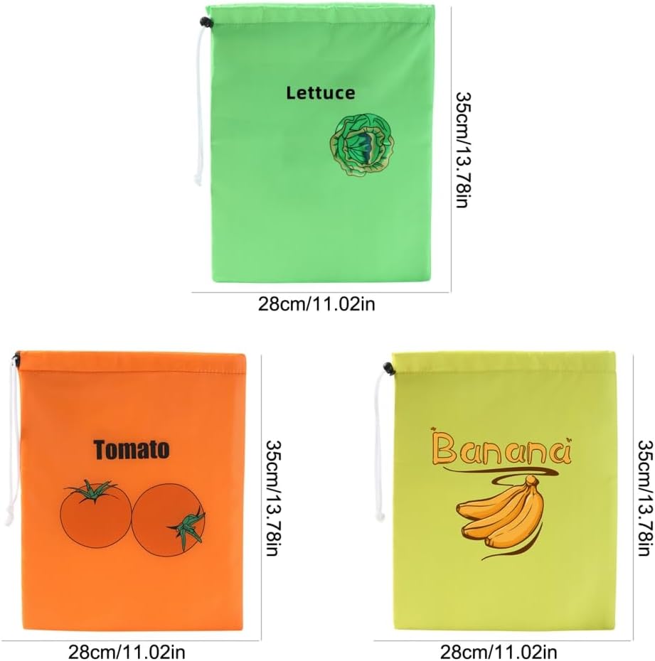 3Pcs Storage Bag with Aluminum Lining - 13.7x11", Banana & Lettuce Fresh Reusable Produce Bags Vegetable & Fruit Storage Bags with Foil Lining for Freshness, Refrigerator Safe.