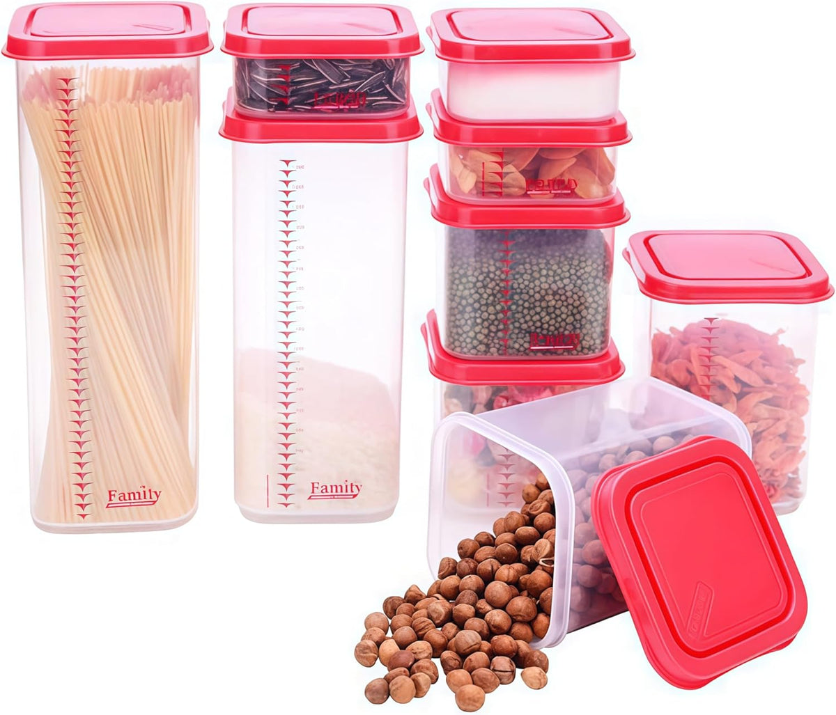 8300ml Airtight Food Storage Container With Lids 9PCS Family Set, BPA-Free Food-grade Plastic Stackable Leak-proof Kitchen Pantry Organizers for Pasta, Nuts, Dry Goods, Snack,Modular Design (Red)
