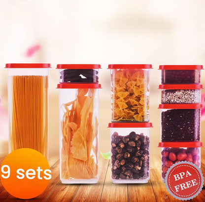 8300ml Airtight Food Storage Container With Lids 9PCS Family Set, BPA-Free Food-grade Plastic Stackable Leak-proof Kitchen Pantry Organizers for Pasta, Nuts, Dry Goods, Snack,Modular Design (Red)