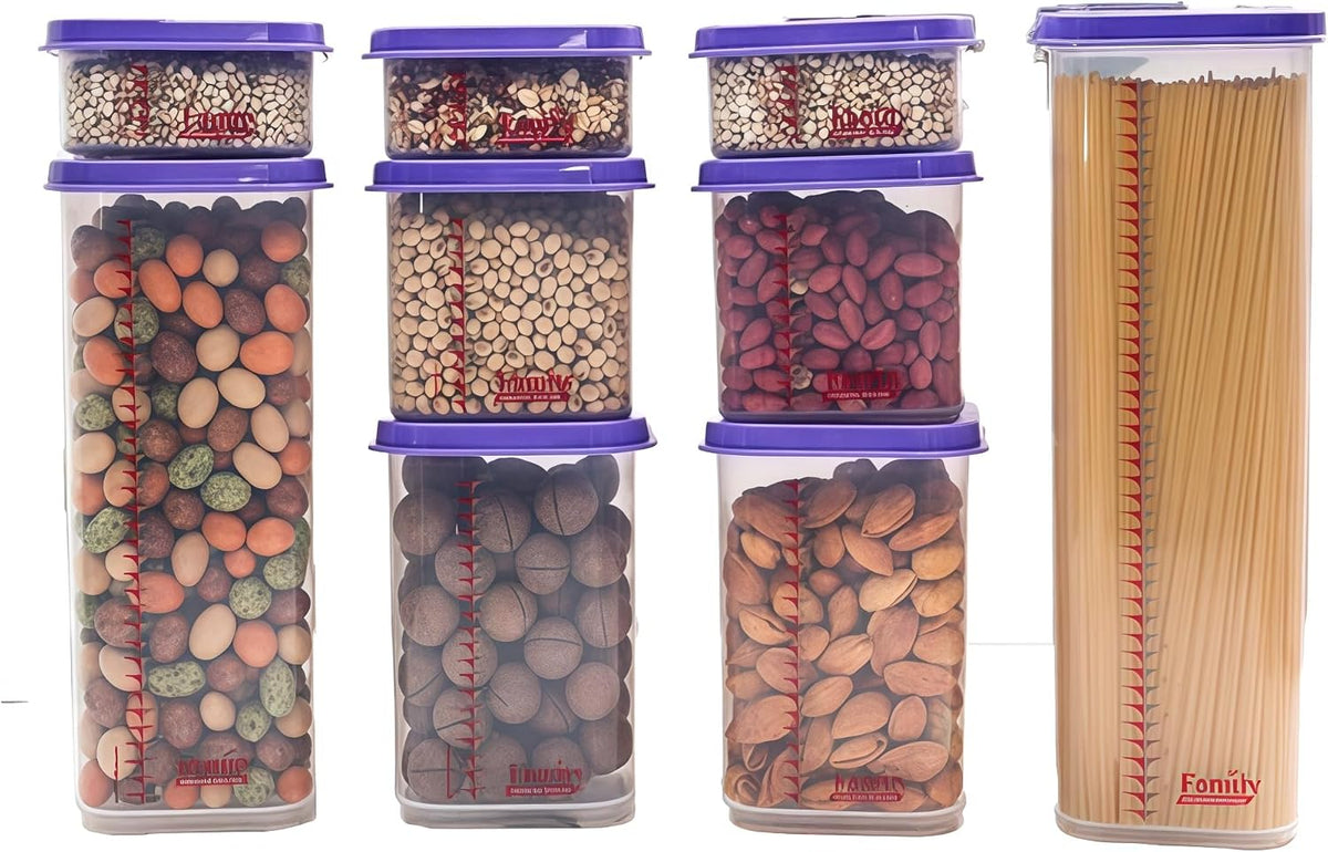 8300ml Airtight Food Storage Container With Lids 9PCS Family Set, BPA-Free Food-grade Plastic Stackable Leak-proof Kitchen Pantry Organizers for Pasta, Nuts, Dry Goods, Snack,Modular Design (Red)