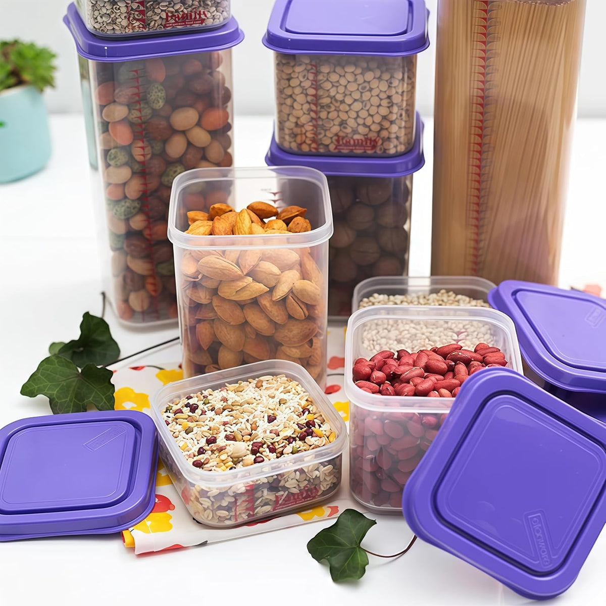 8300ml Airtight Food Storage Container With Lids 9PCS Family Set, BPA-Free Food-grade Plastic Stackable Leak-proof Kitchen Pantry Organizers for Pasta, Nuts, Dry Goods, Snack,Modular Design (Red)