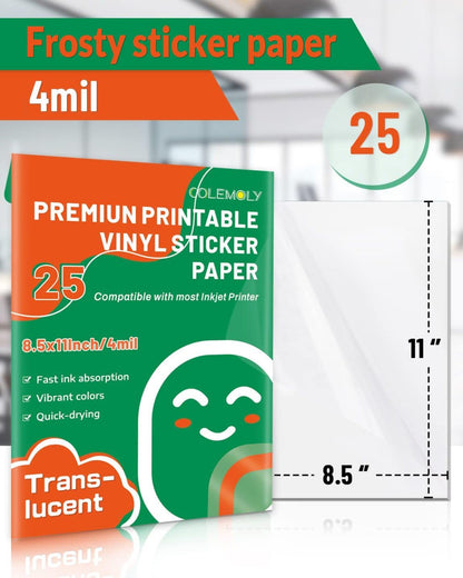 Clear Printable Vinyl Sticker Paper for Inkjet Printer, 25 Sheets | Non-Waterproof, for Laser Printers, Compatible with Cricut, Tear Resistant Vivid Color Decals, Easy to Cut Labels, for DIY