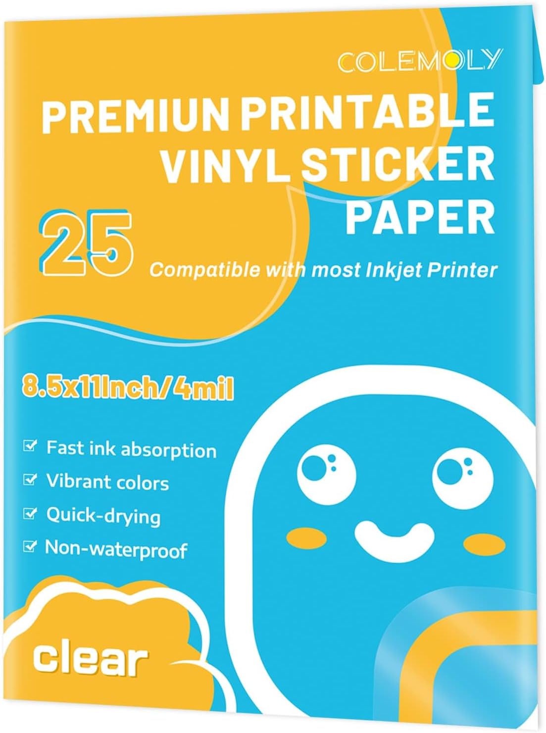 Clear Printable Vinyl Sticker Paper for Inkjet Printer, 25 Sheets | Non-Waterproof, for Laser Printers, Compatible with Cricut, Tear Resistant Vivid Color Decals, Easy to Cut Labels, for DIY
