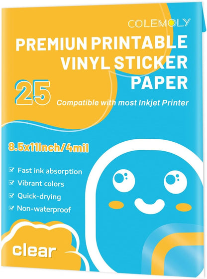 Clear Printable Vinyl Sticker Paper for Inkjet Printer, 25 Sheets | Non-Waterproof, for Laser Printers, Compatible with Cricut, Tear Resistant Vivid Color Decals, Easy to Cut Labels, for DIY