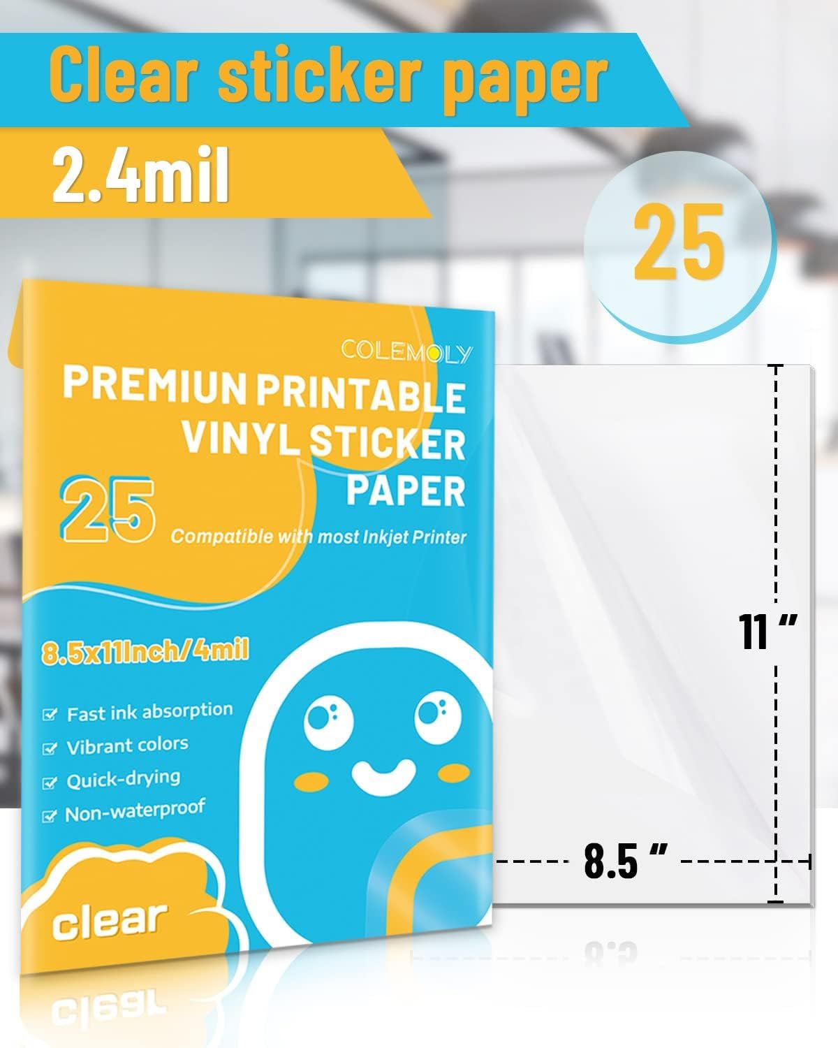 Clear Printable Vinyl Sticker Paper for Inkjet Printer, 25 Sheets | Non-Waterproof, for Laser Printers, Compatible with Cricut, Tear Resistant Vivid Color Decals, Easy to Cut Labels, for DIY