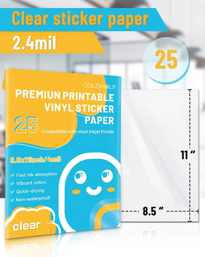 Clear Printable Vinyl Sticker Paper for Inkjet Printer, 25 Sheets | Non-Waterproof, for Laser Printers, Compatible with Cricut, Tear Resistant Vivid Color Decals, Easy to Cut Labels, for DIY