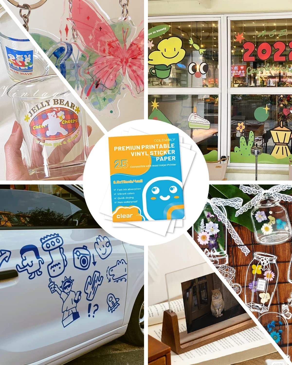 Clear Printable Vinyl Sticker Paper for Inkjet Printer, 25 Sheets | Non-Waterproof, for Laser Printers, Compatible with Cricut, Tear Resistant Vivid Color Decals, Easy to Cut Labels, for DIY