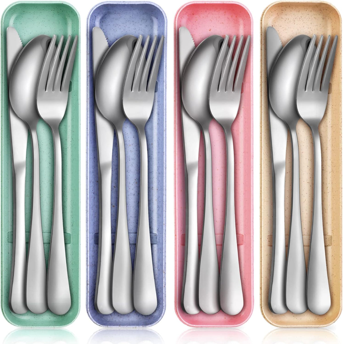 4 Pack Travel Silverware Set with Case for Lunch,Red | Reusable Utensils with Case, Portable Flatware, Camping Cutlery, Fork Spoon Knife, for Work School, Dishwasher Safe