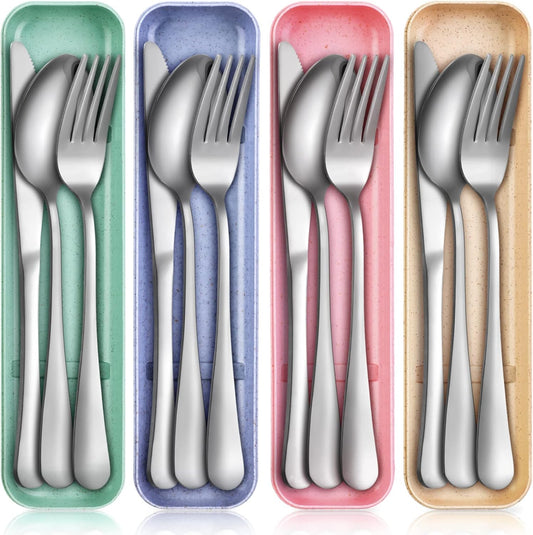 4 Pack Travel Silverware Set with Case for Lunch,Red | Reusable Utensils with Case, Portable Flatware, Camping Cutlery, Fork Spoon Knife, for Work School, Dishwasher Safe