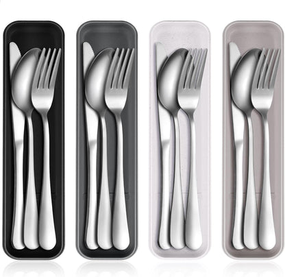 4 Pack Travel Silverware Set with Case for Lunch,Red | Reusable Utensils with Case, Portable Flatware, Camping Cutlery, Fork Spoon Knife, for Work School, Dishwasher Safe