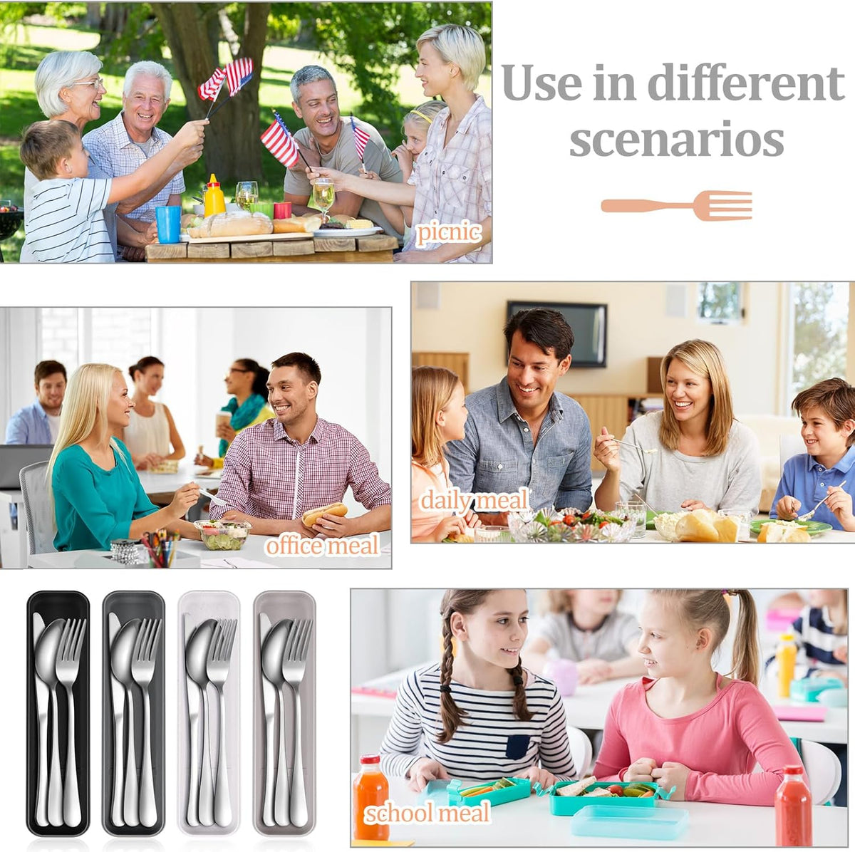 4 Pack Travel Silverware Set with Case for Lunch,Red | Reusable Utensils with Case, Portable Flatware, Camping Cutlery, Fork Spoon Knife, for Work School, Dishwasher Safe