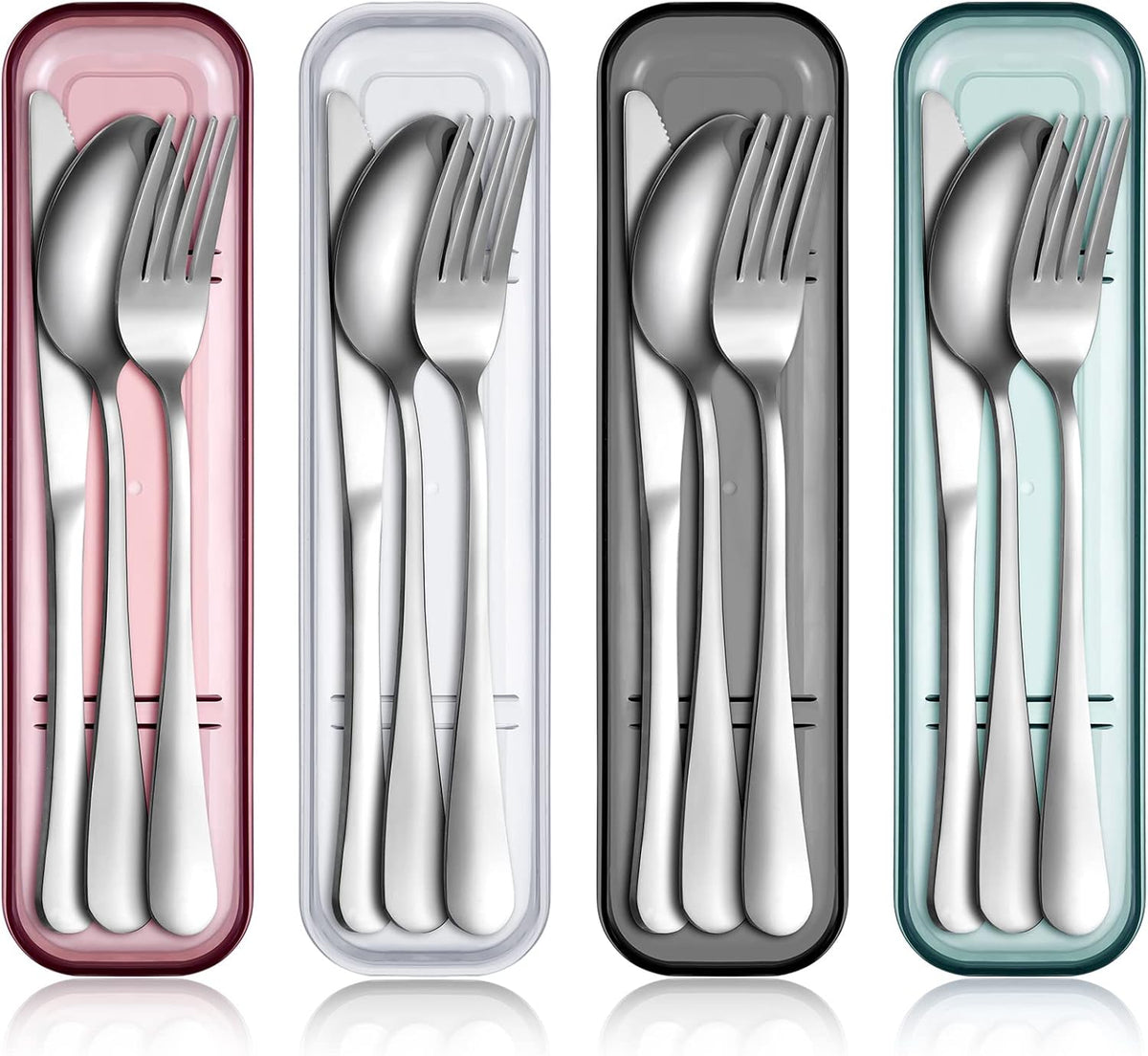 4 Pack Travel Silverware Set with Case for Lunch,Red | Reusable Utensils with Case, Portable Flatware, Camping Cutlery, Fork Spoon Knife, for Work School, Dishwasher Safe