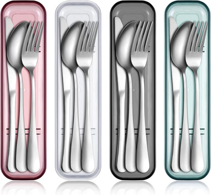 4 Pack Travel Silverware Set with Case for Lunch,Red | Reusable Utensils with Case, Portable Flatware, Camping Cutlery, Fork Spoon Knife, for Work School, Dishwasher Safe