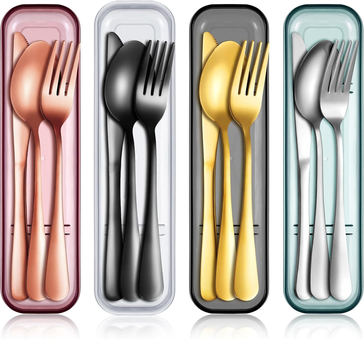 4 Pack Travel Silverware Set with Case for Lunch,Red | Reusable Utensils with Case, Portable Flatware, Camping Cutlery, Fork Spoon Knife, for Work School, Dishwasher Safe
