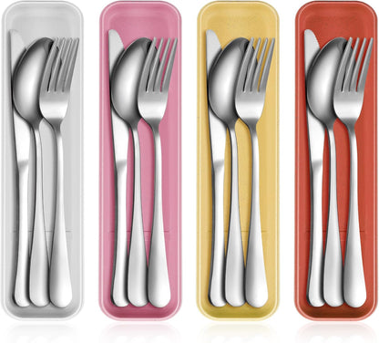 4 Pack Travel Silverware Set with Case for Lunch,Red | Reusable Utensils with Case, Portable Flatware, Camping Cutlery, Fork Spoon Knife, for Work School, Dishwasher Safe