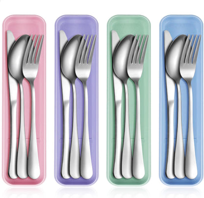 4 Pack Travel Silverware Set with Case for Lunch,Red | Reusable Utensils with Case, Portable Flatware, Camping Cutlery, Fork Spoon Knife, for Work School, Dishwasher Safe