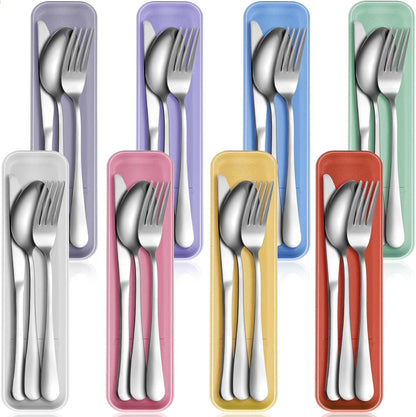 4 Pack Travel Silverware Set with Case for Lunch,Red | Reusable Utensils with Case, Portable Flatware, Camping Cutlery, Fork Spoon Knife, for Work School, Dishwasher Safe