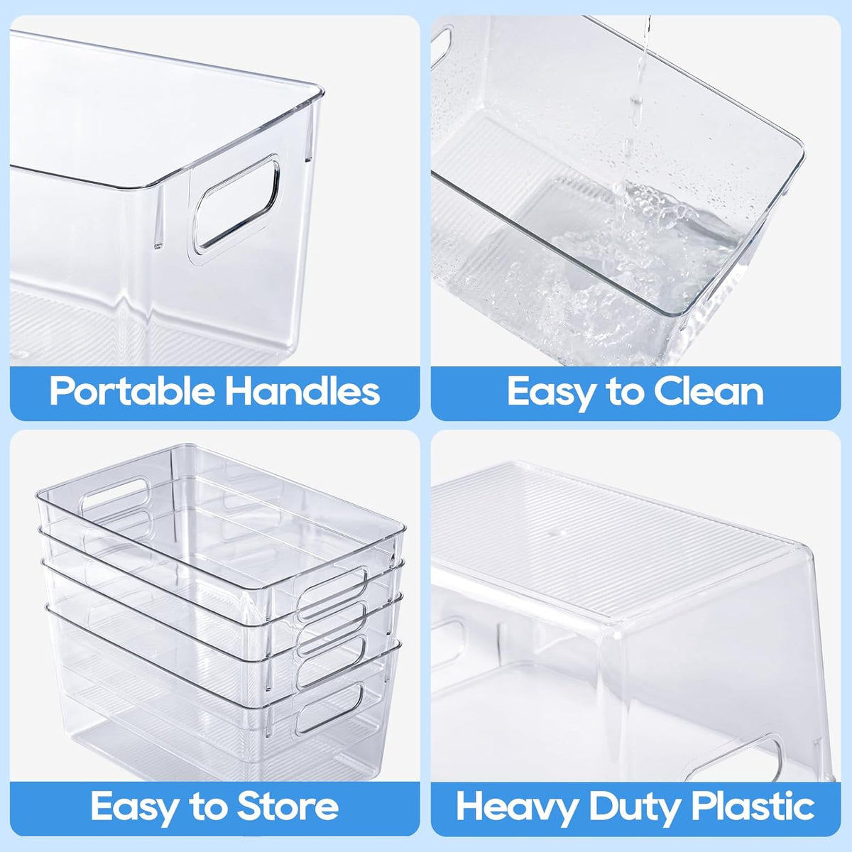 Clear Plastic Storage Bins | Pantry Organizers, Storage with Handles, Clear Storage Containers,Great for Fridge, Kitchen, Cabinet, Bathroom and Office