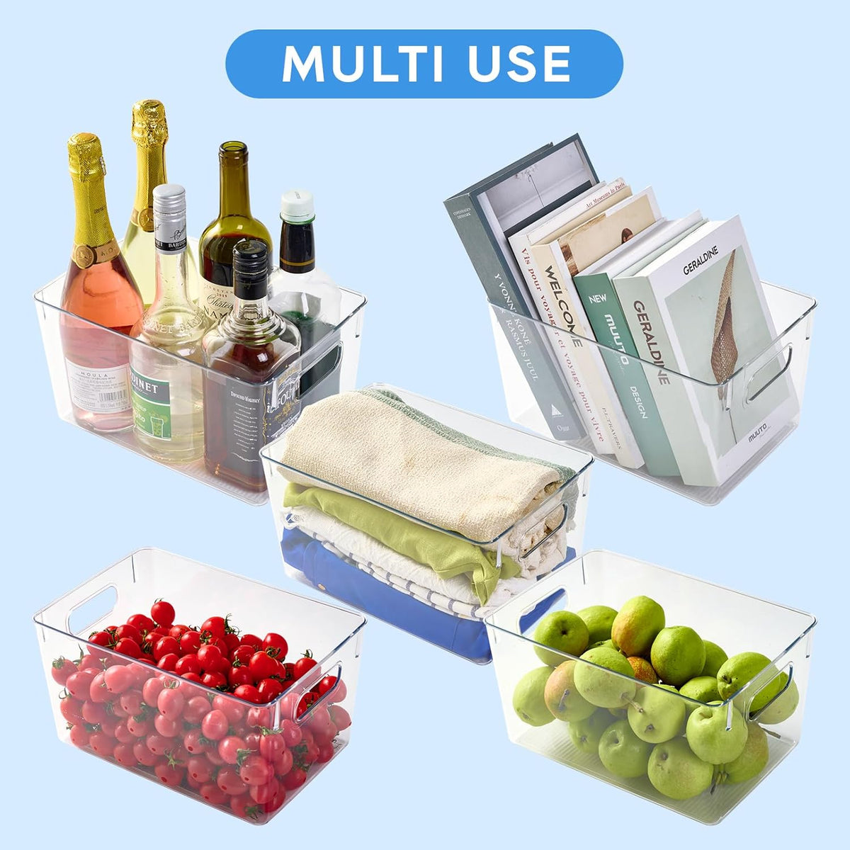 Clear Plastic Storage Bins | Pantry Organizers, Storage with Handles, Clear Storage Containers,Great for Fridge, Kitchen, Cabinet, Bathroom and Office
