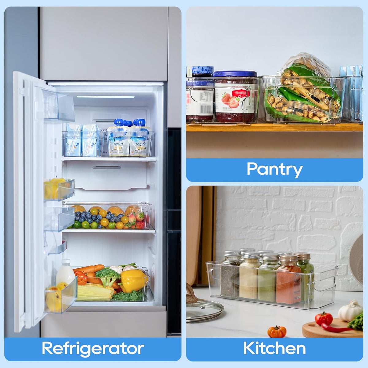 Clear Plastic Storage Bins | Pantry Organizers, Storage with Handles, Clear Storage Containers,Great for Fridge, Kitchen, Cabinet, Bathroom and Office