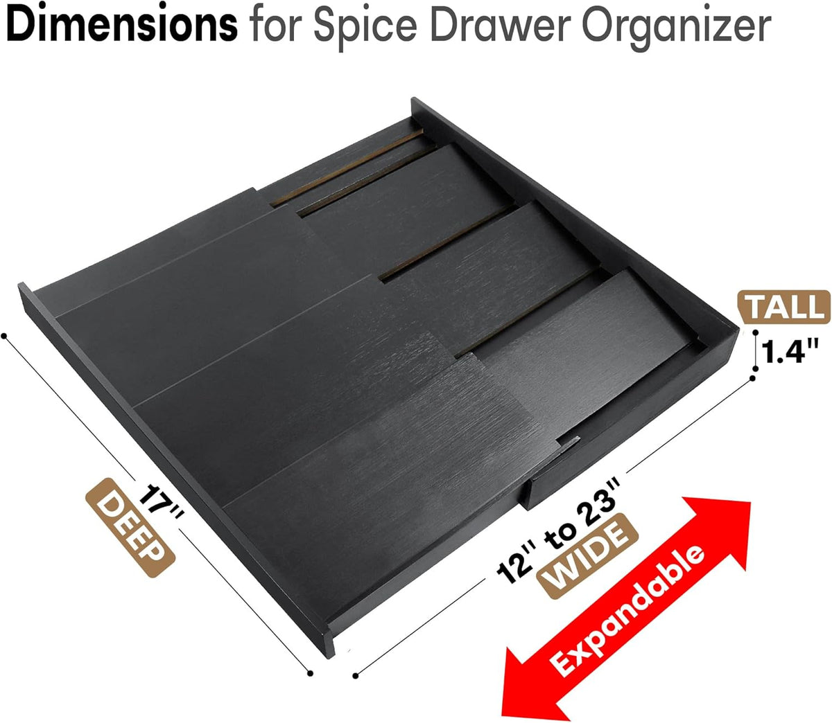 Bamboo Spice Drawer Organizer, (Need 3.1” Deep Drawer) Expandable 4 Tier Spice Rack for Cabinet (From 12" to 23" Wide), Seasoning Storage Insert, Spice Organizer for Drawer,Jars Not Included