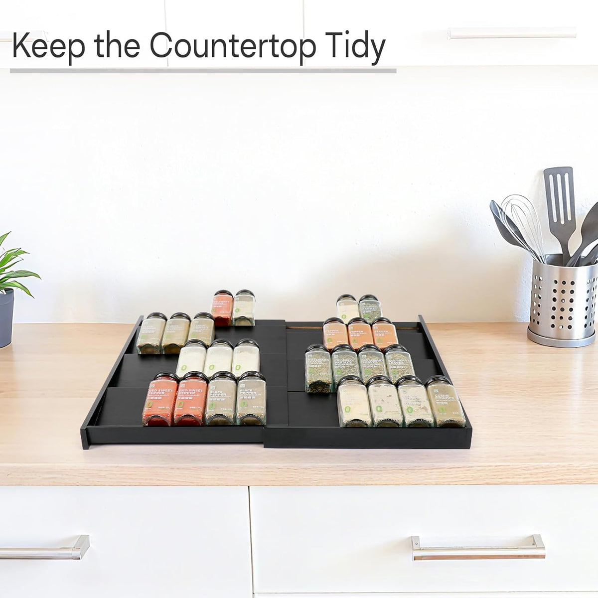 Bamboo Spice Drawer Organizer, (Need 3.1” Deep Drawer) Expandable 4 Tier Spice Rack for Cabinet (From 12" to 23" Wide), Seasoning Storage Insert, Spice Organizer for Drawer,Jars Not Included