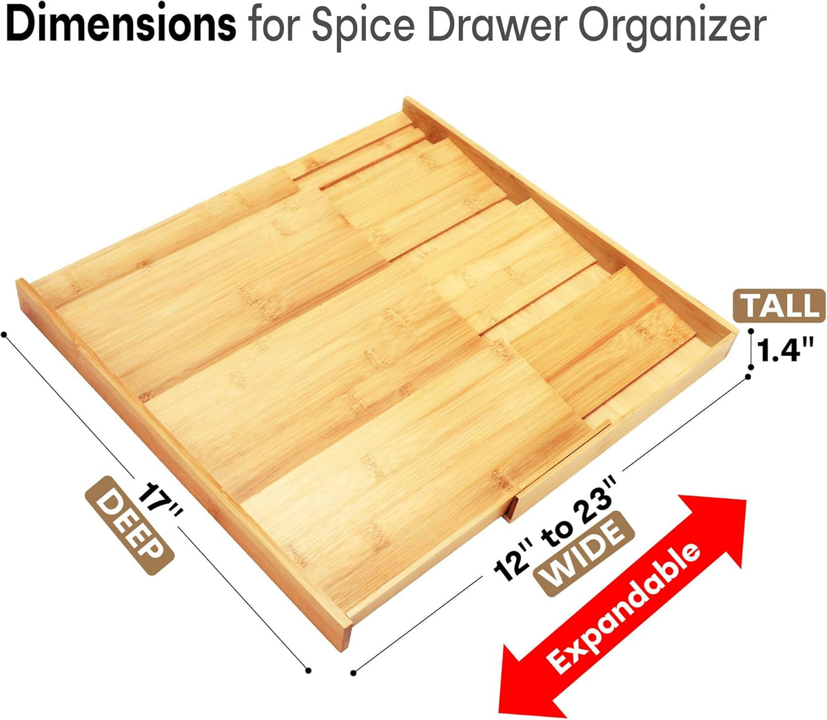 Bamboo Spice Drawer Organizer, (Need 3.1” Deep Drawer) Expandable 4 Tier Spice Rack for Cabinet (From 12" to 23" Wide), Seasoning Storage Insert, Spice Organizer for Drawer,Jars Not Included