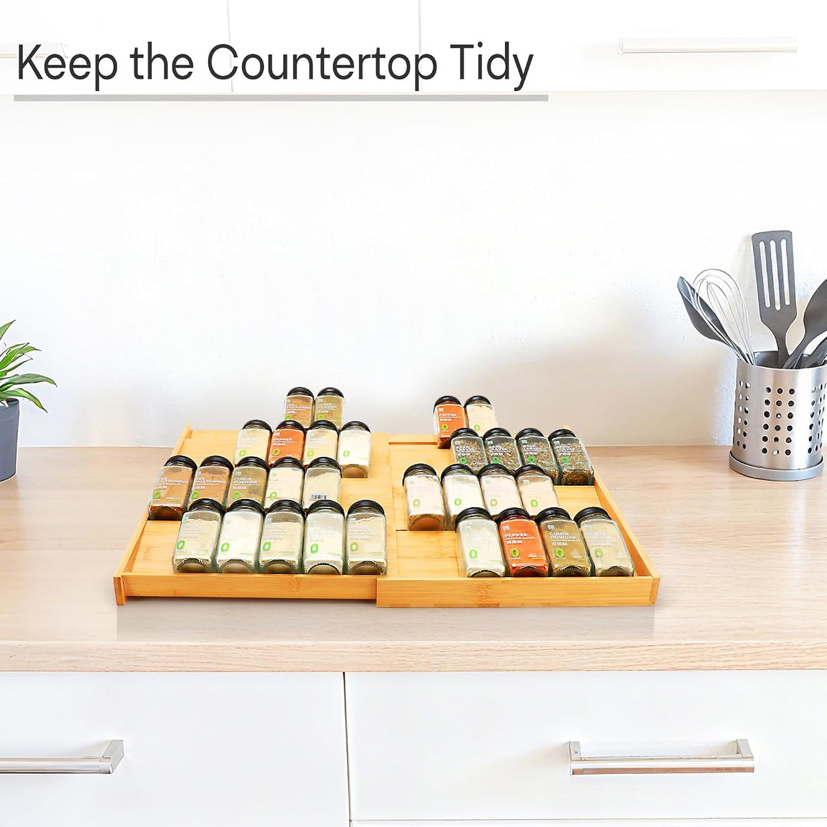 Bamboo Spice Drawer Organizer, (Need 3.1” Deep Drawer) Expandable 4 Tier Spice Rack for Cabinet (From 12" to 23" Wide), Seasoning Storage Insert, Spice Organizer for Drawer,Jars Not Included