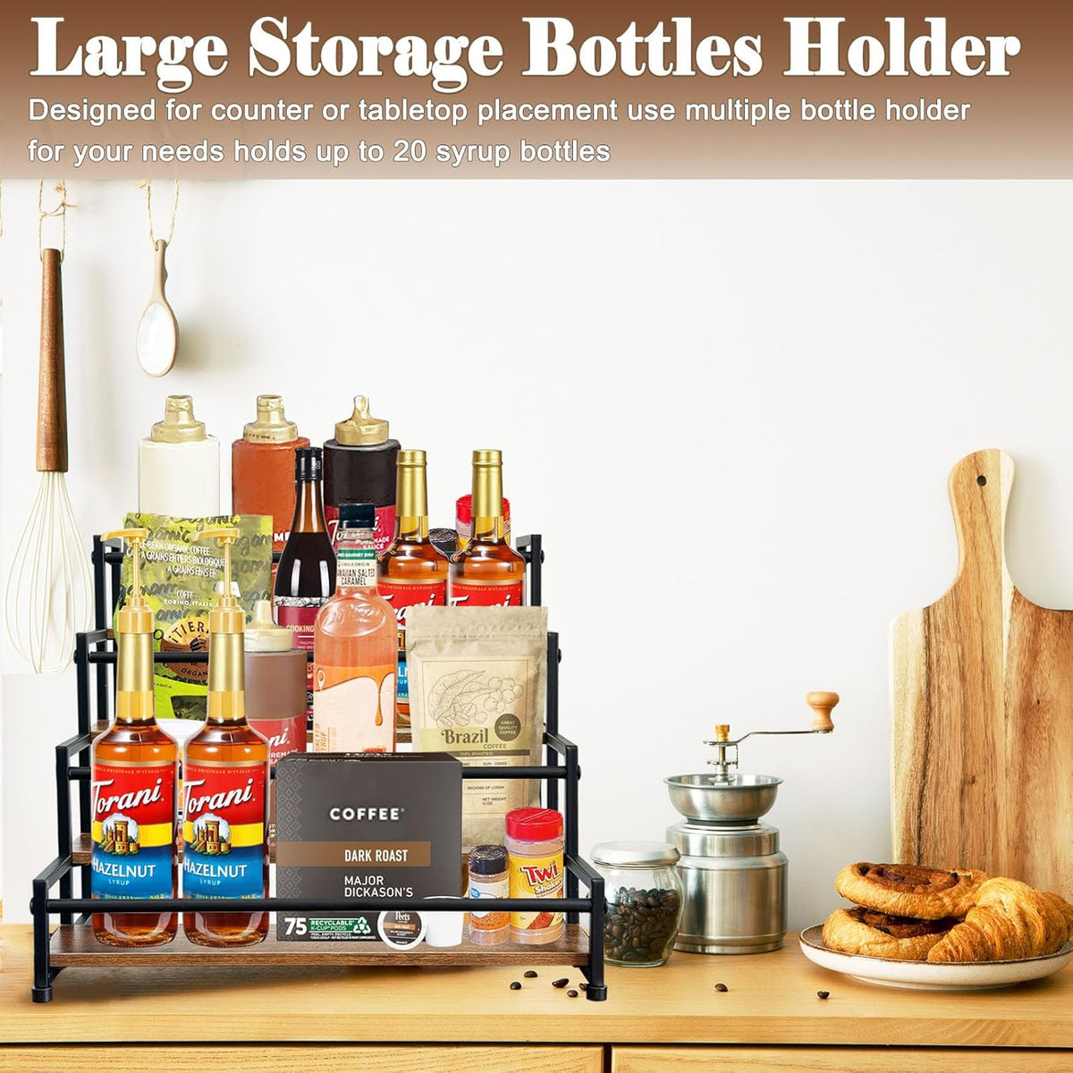 4-Tier Coffee Syrup Rack for 20 Bottles (750ml)–Sturdy Coffee Syrup Organizer Holder for Kitchen, Café, Office