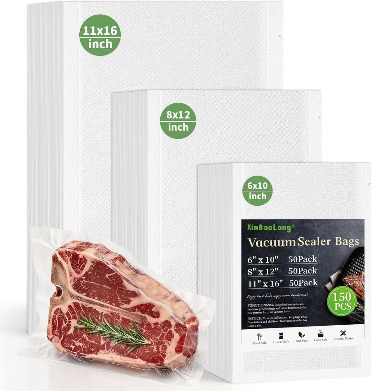 Vacuum Sealer Bags, 11"x16" Gallon, 8"x12" Quart, 6"x10" Pint, 150Pcs