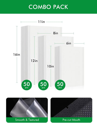 Vacuum Sealer Bags, 11"x16" Gallon, 8"x12" Quart, 6"x10" Pint, 150Pcs